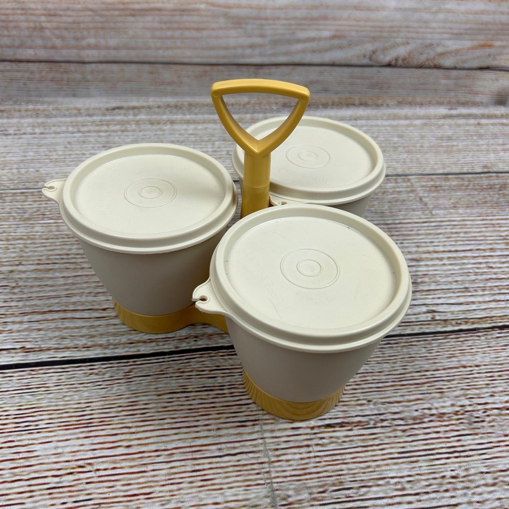 Vintage Tupperware Condiment Server Caddy 757-9 Cream & Harvest Gold 3-Cup Set